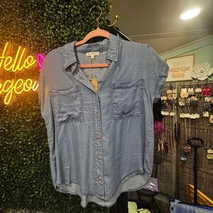 Blu Pepper Denim Chambray Collared Button Top